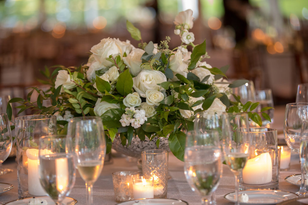 Green and White Floral Arrangement for Tent Wedding