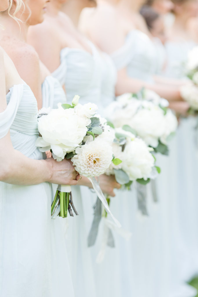 Dusty Blue bridemaids Dresses with Bridesmaid Bouquets in Wedding at The Armour House