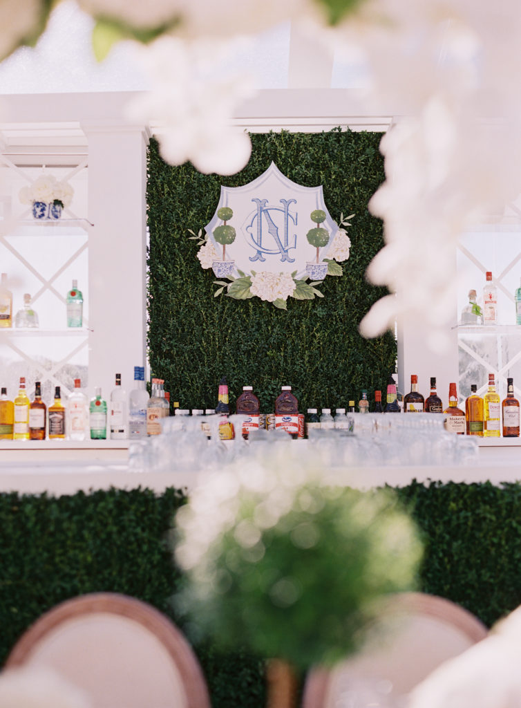 Boxwood Bar at Wedding with Crest