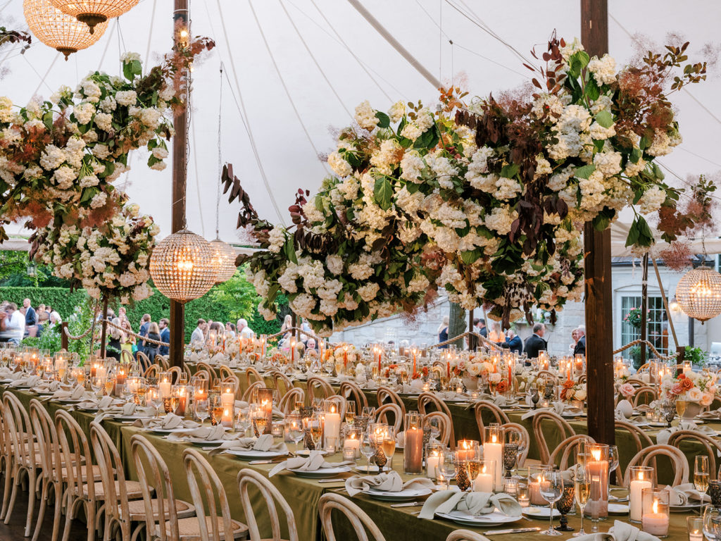 Tent Wedding with suspended hydrangea clouds