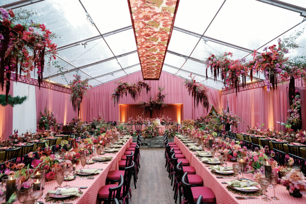 Pink Wedding with Overhead Print and Sculptural Suspended Floral Arrangements