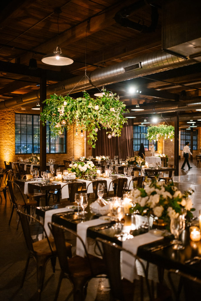 Industrial Wedding at Morgan MFG with hanging rings and edison bulbs