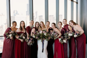 Winter Wedding Bridal Party with Reds